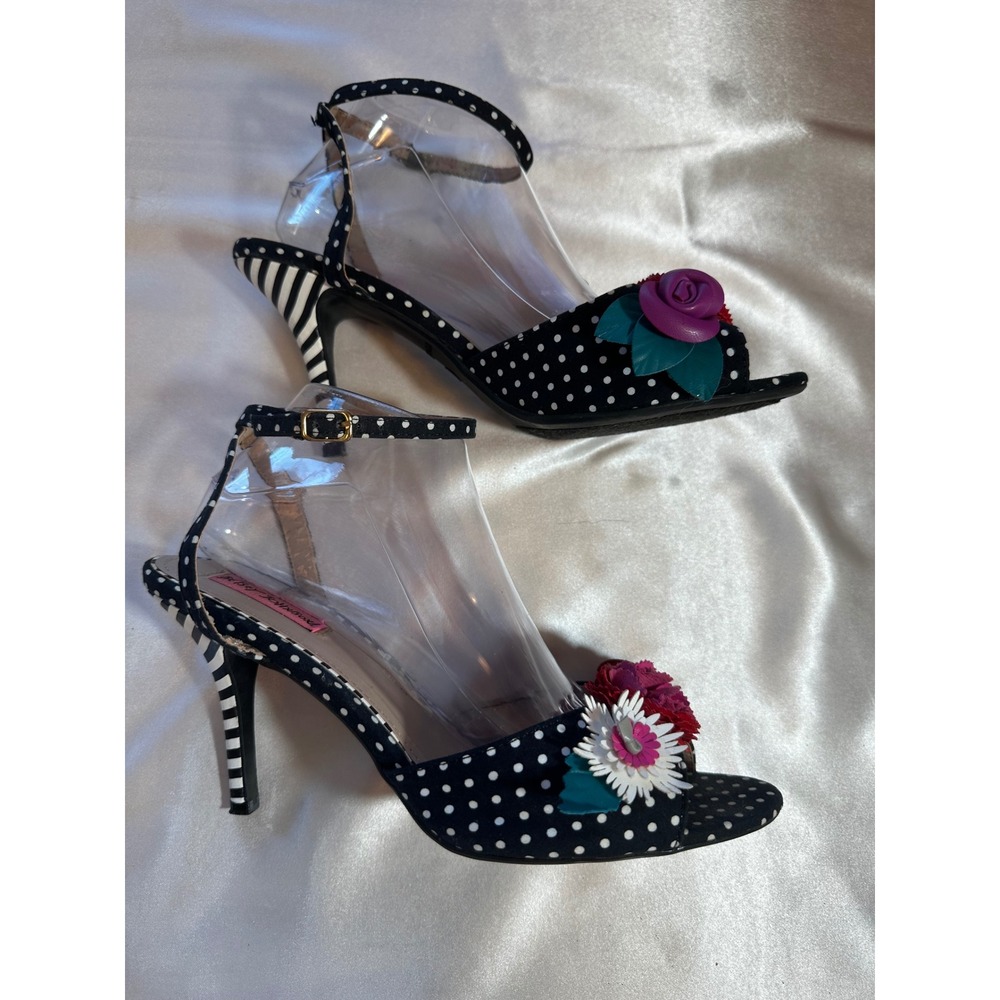 Betsey Johnson Polka Dot Striped Floral Applique Ankle Strap Heels Size 10 - Picture 3 of 6